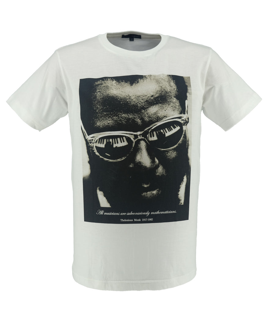 A white T-shirt featuring a Thelonius Monk picture on a white background
