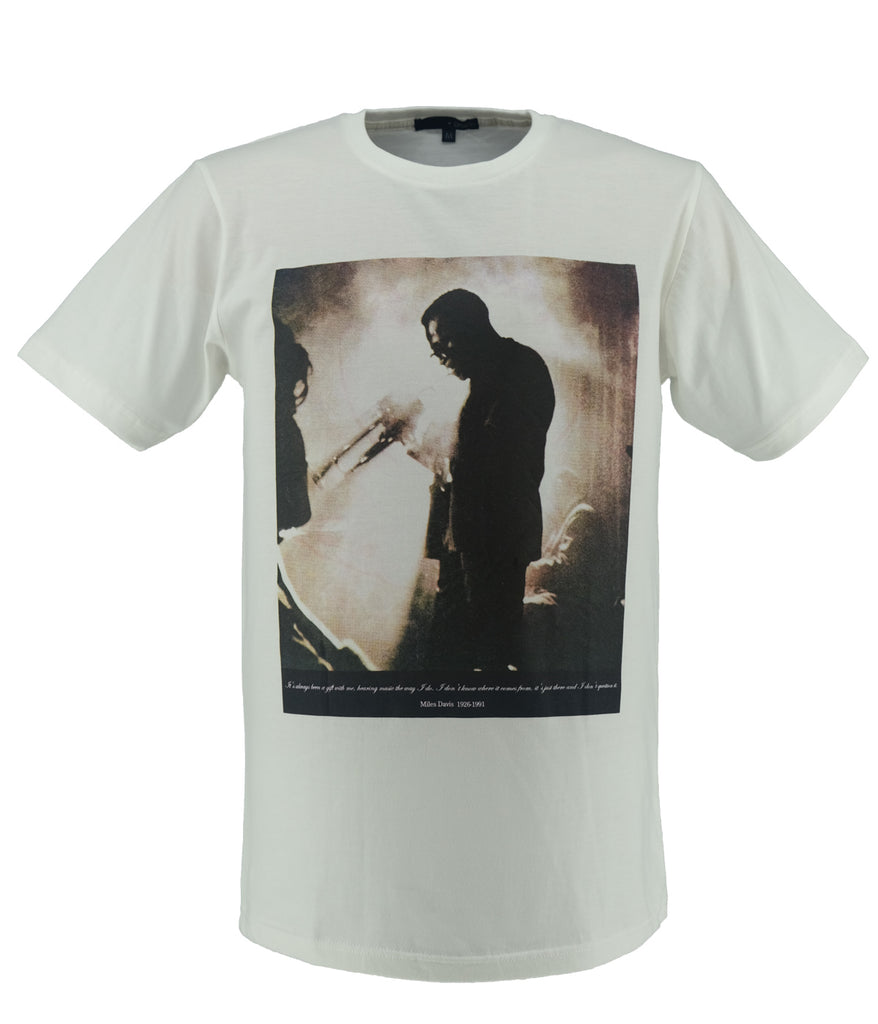 A white cotton T-shirt featuring a Miles Davies image on a white background