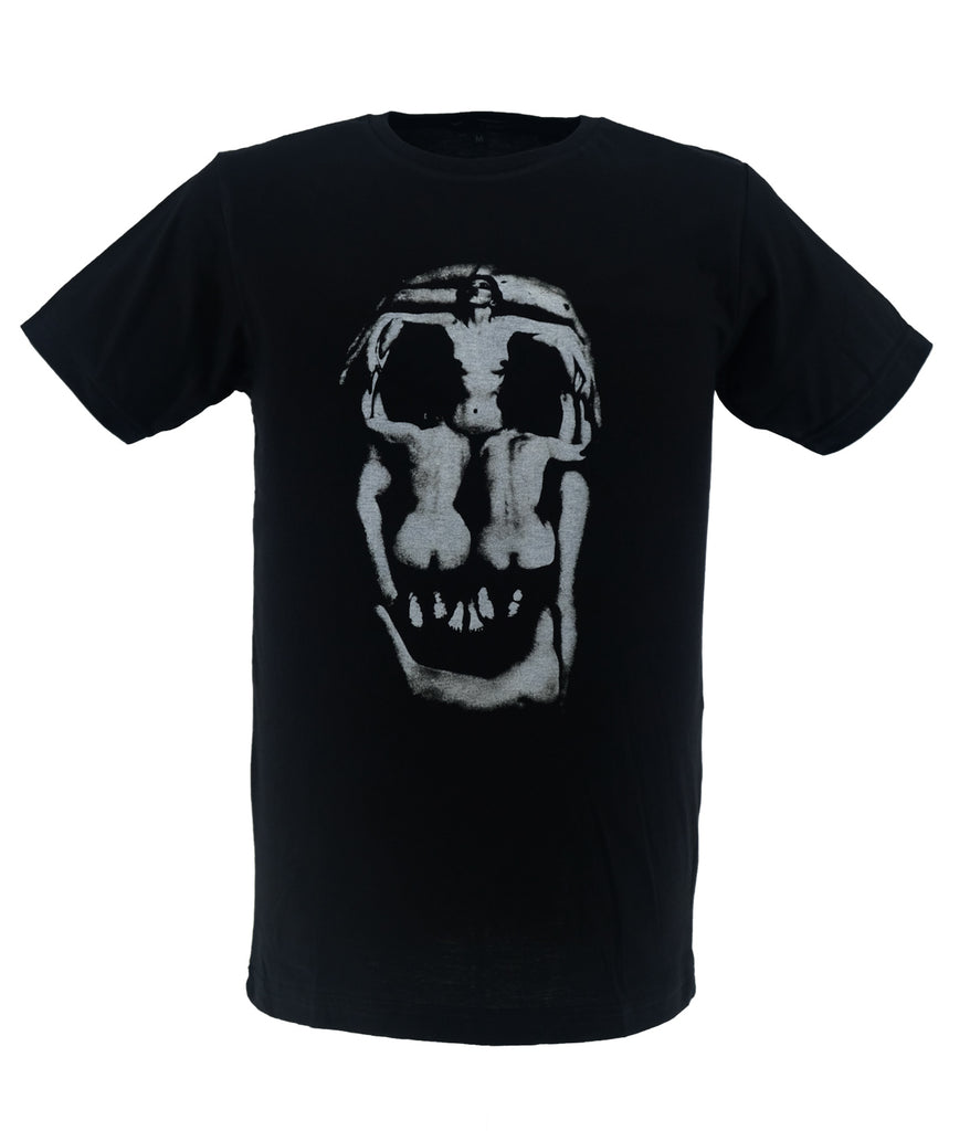 A black T-shirt featuring a women skull design on a white background