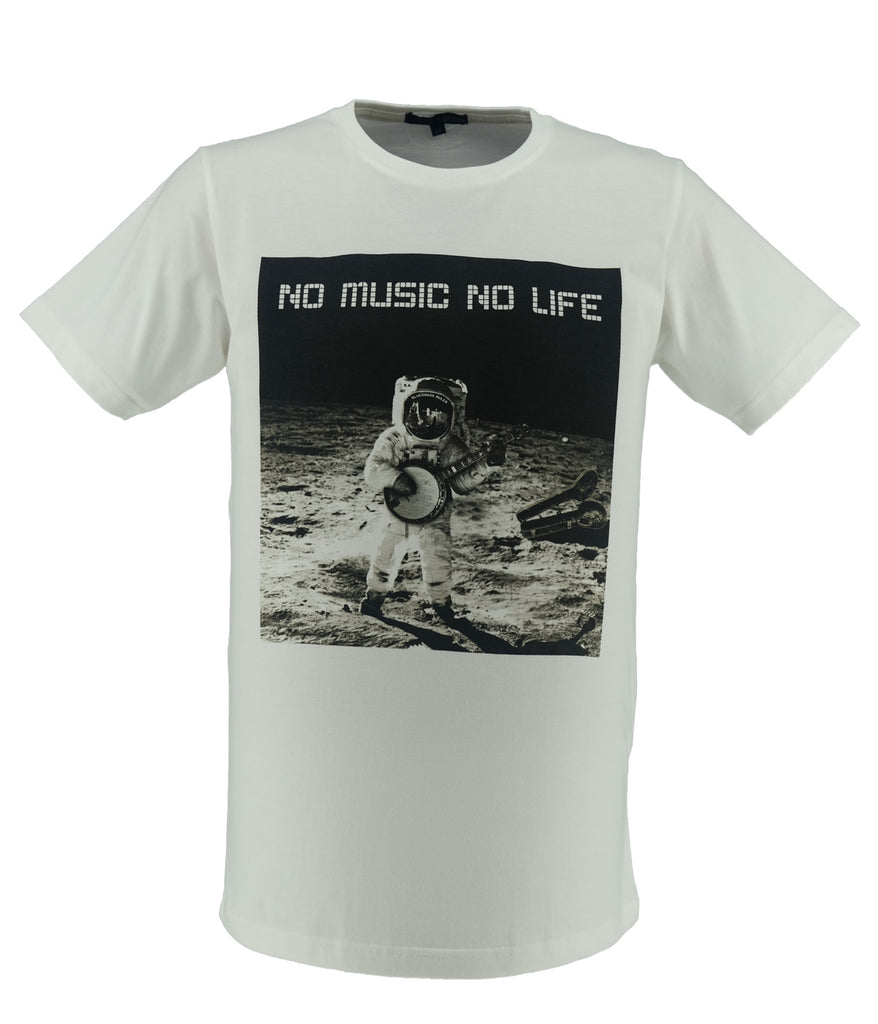 white no music no life t-shirt front, featuring an astronaut playing a guitar at the moon