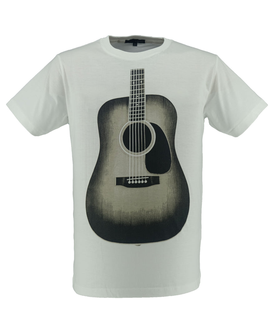 A white T-shirt featuring an acoustic guitar design on a white background