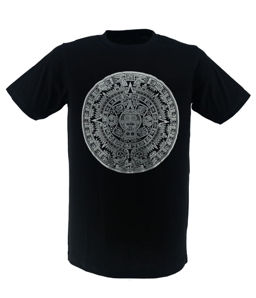 A black T-shirt featuring a mayan calender design on a white background