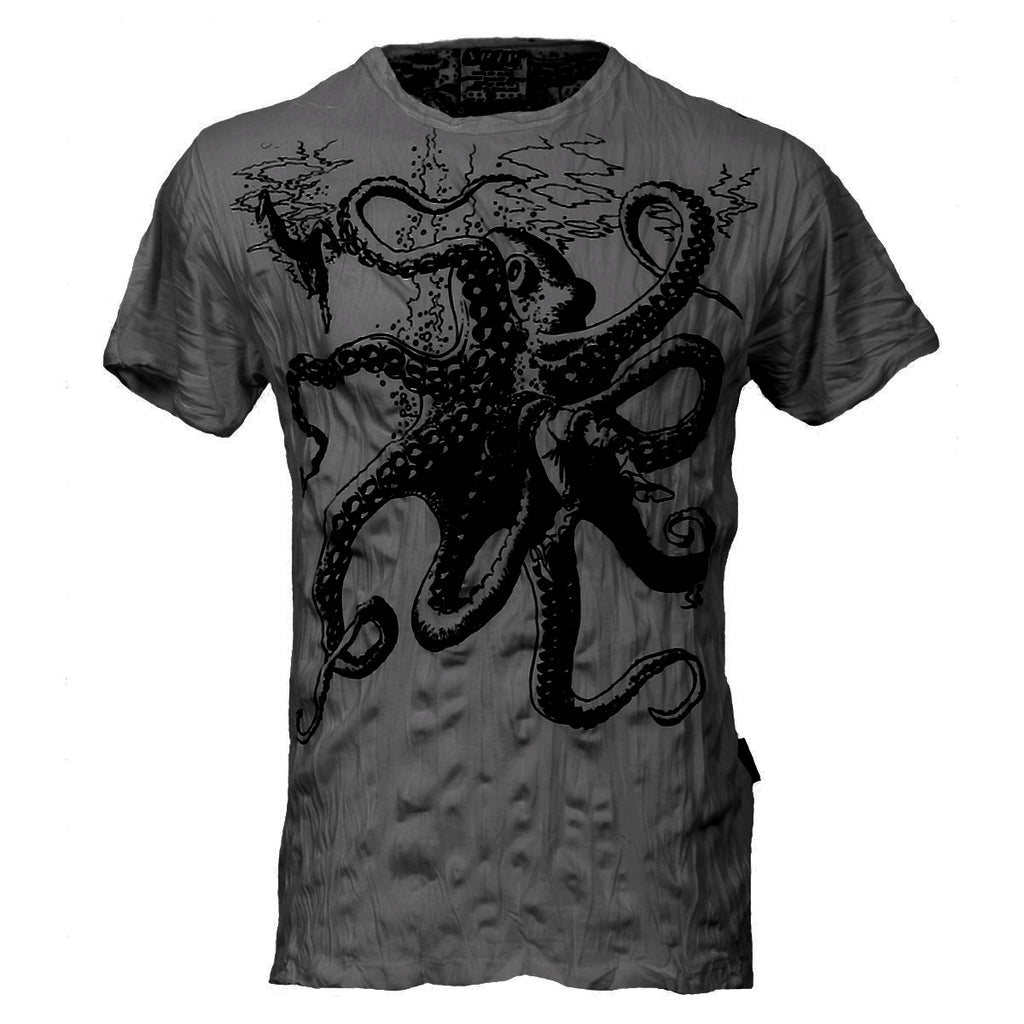 sure grey crinkle finish t-shirt with giant octopus pencil drawn graphic print on front