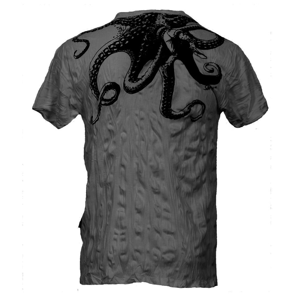 sure grey crinkle finish t-shirt with giant octopus pencil drawn graphic print between shoulders at back