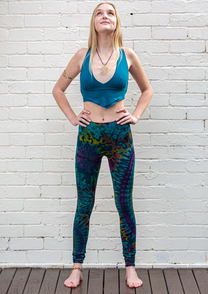 sea blue rainbow mandala tie dye leggings yoga workout fitness pants front