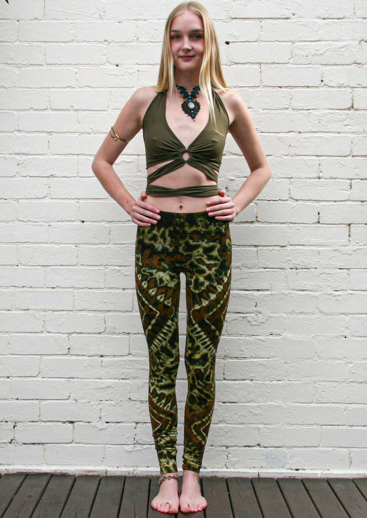 forest green mandala tie dye leggings yoga workout fitness pants front