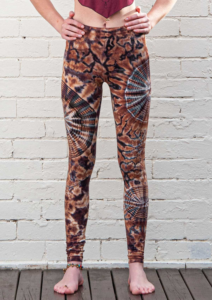 dappled brown mandala tie dye leggings yoga workout fitness pants front