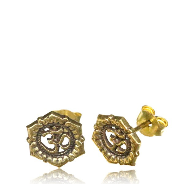 Brass ear studs with Om symbol ringed in lotus petals