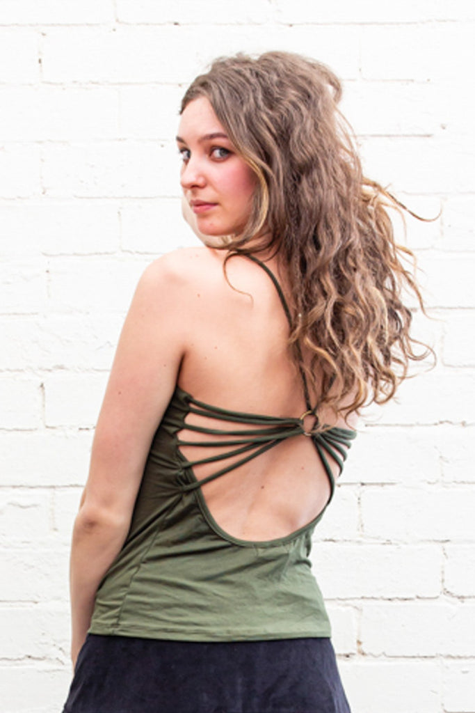 Saffron singlet top in army green feature low cut back with delicate straps threaded through metal ring between shoulder blades back