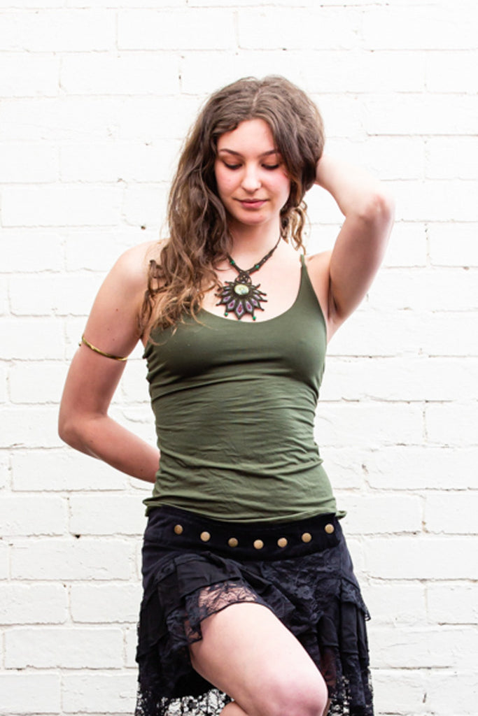 Saffron singlet top in army green front