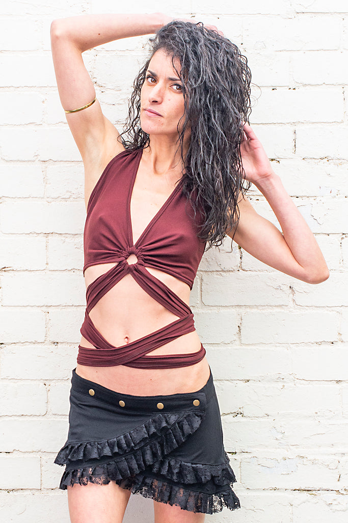 Manuka wrap halter top with long midriff ties in chocolate brown front