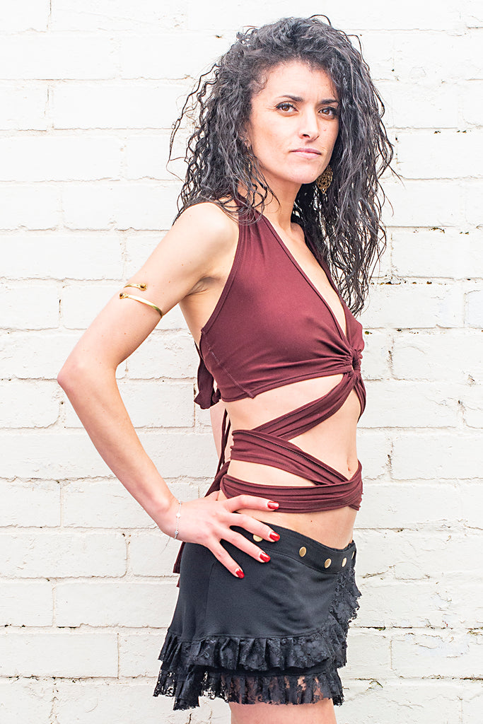 Manuka wrap halter top with long midriff ties in chocolate brown side