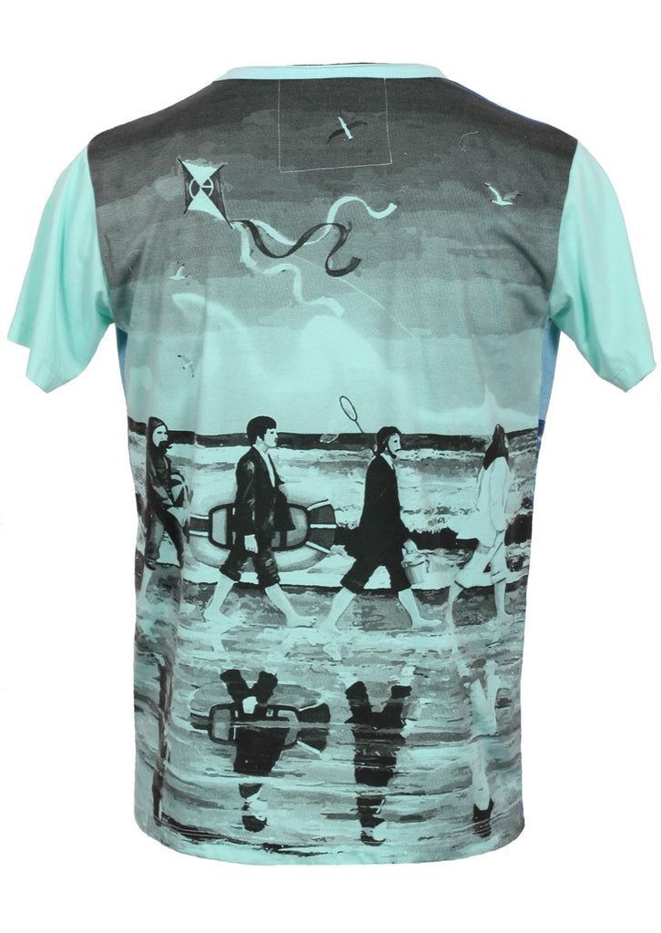 turquoise blue T-shirt featuring a painterly design of the beatles walking along a beach with beach toys from the back