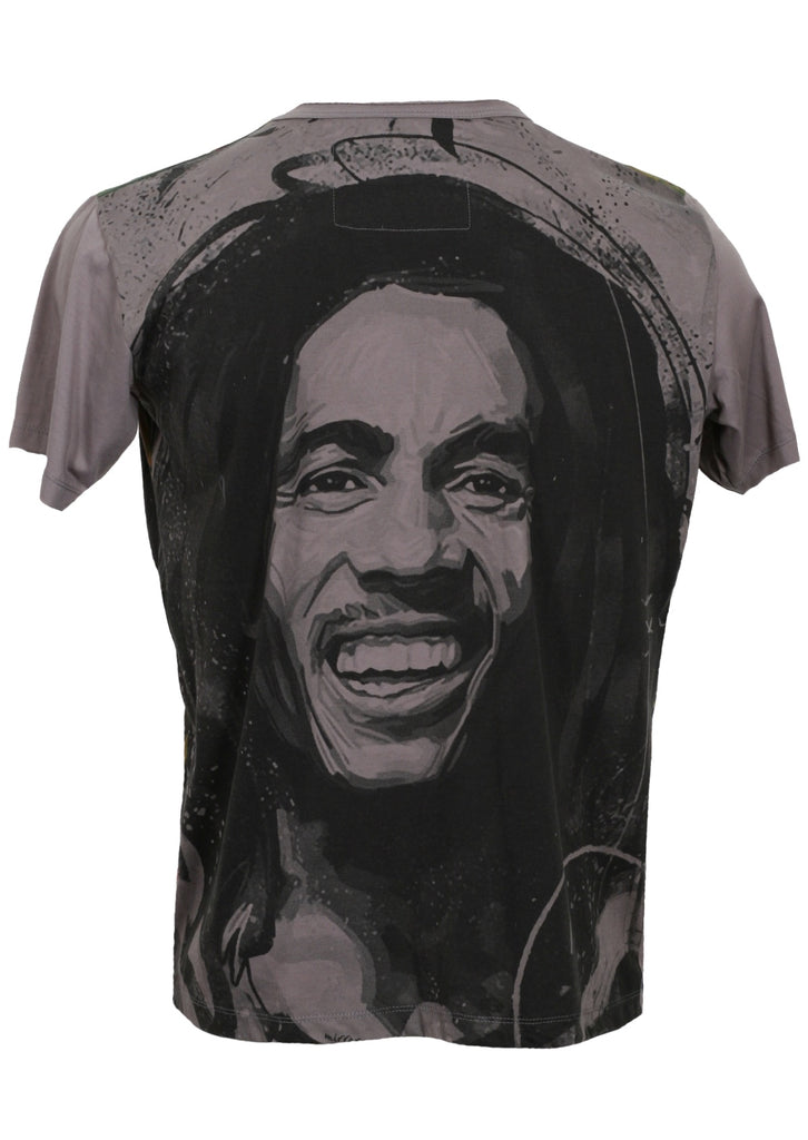 A grey T-shirt featuring a bob marley draw in front