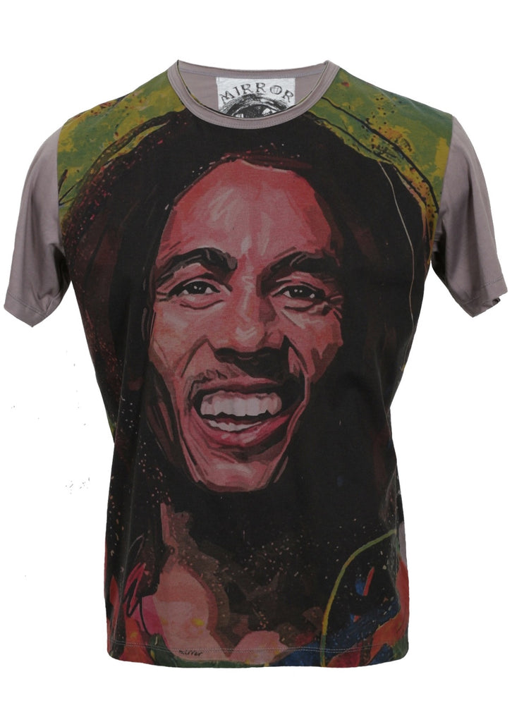 a grey T-shirt with a colourful image of Bob Marley printed on the front