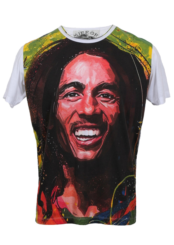 A white T-shirt featuring a bob marley draw in front