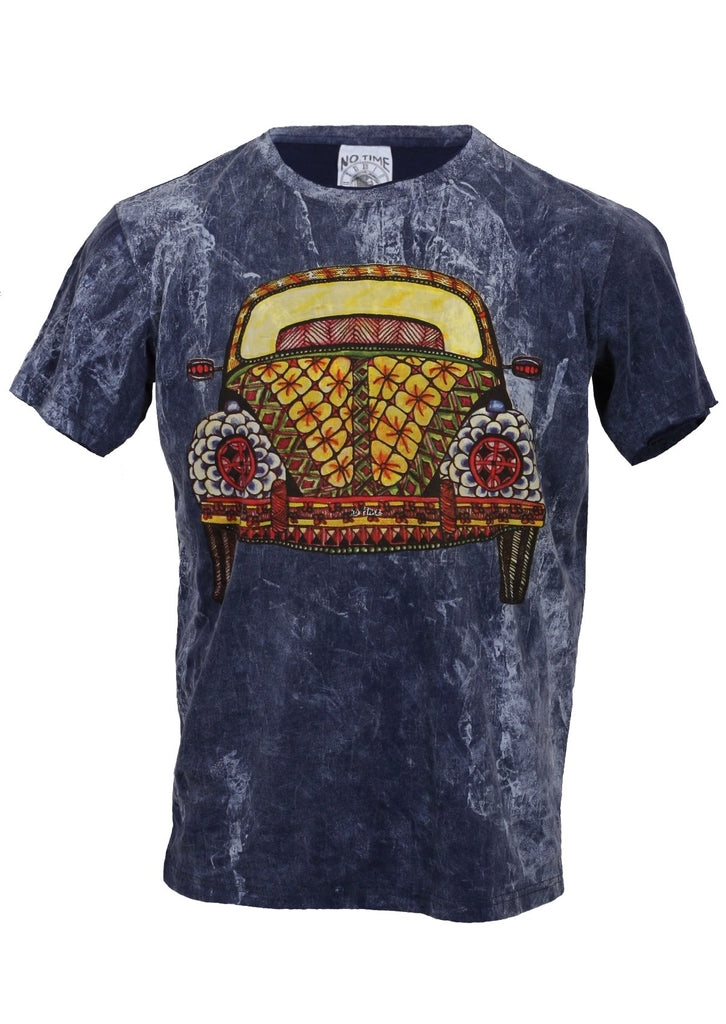 No Time blue stone wash t-shirt with psychadelic 60s volkswagen beetle graphic design front