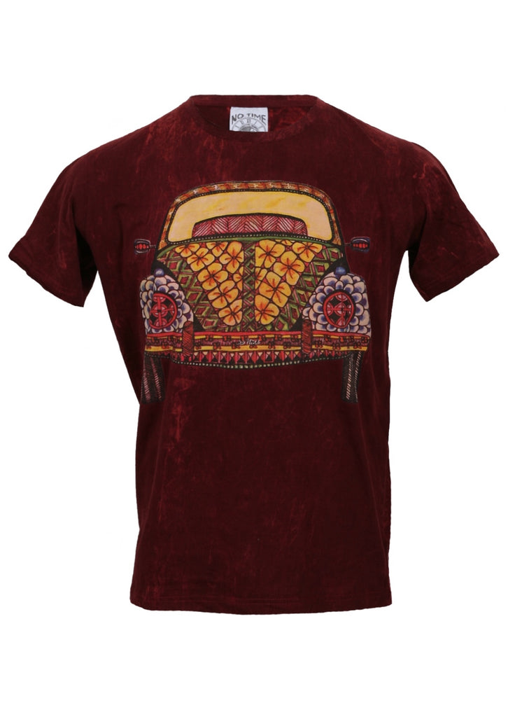 No Time Maroon stone wash t-shirt with psychadelic 60s volkswagen beetle graphic design front