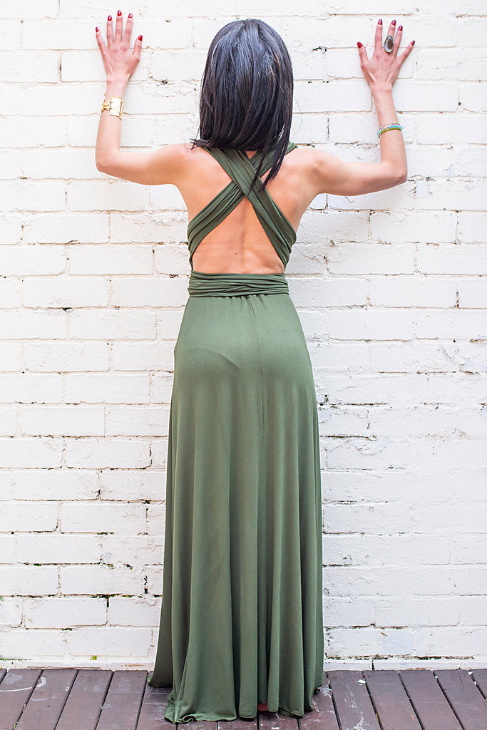 long flowing Olympia maxi dress army green with halter ties back