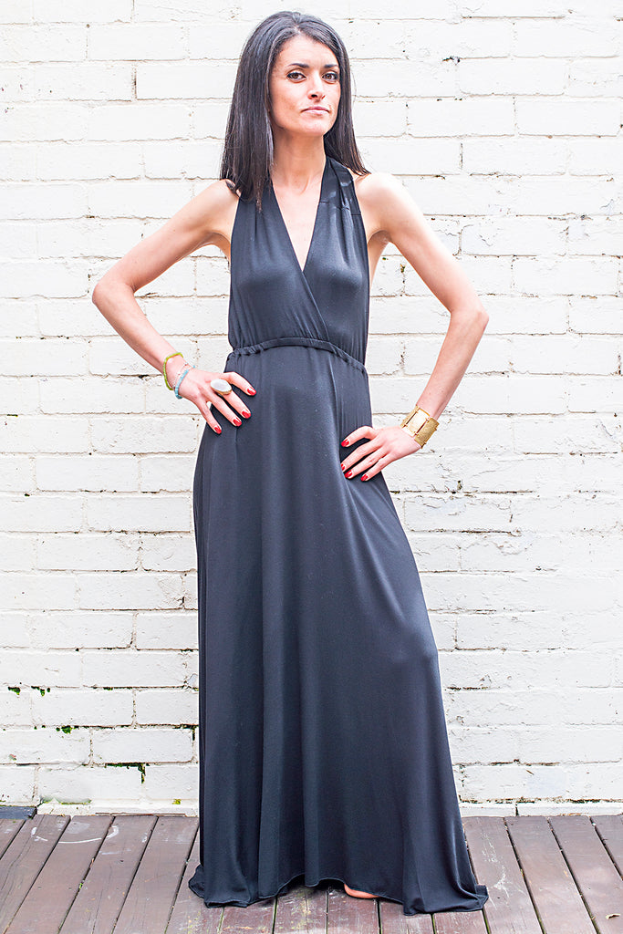 long flowing Olympia maxi dress black with halter ties front