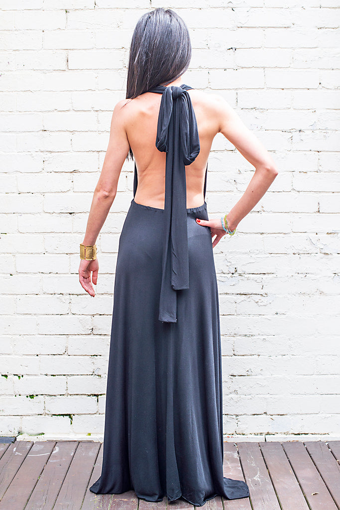 long flowing Olympia maxi dress black with halter ties back