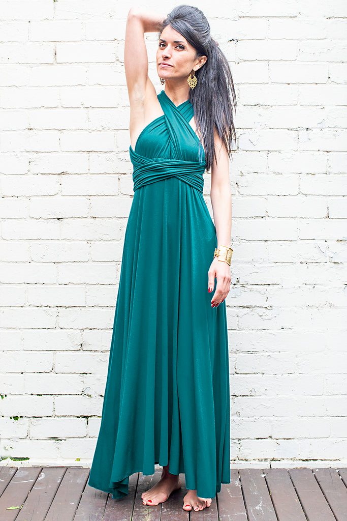 long flowing Olympia maxi dress teal with halter ties front