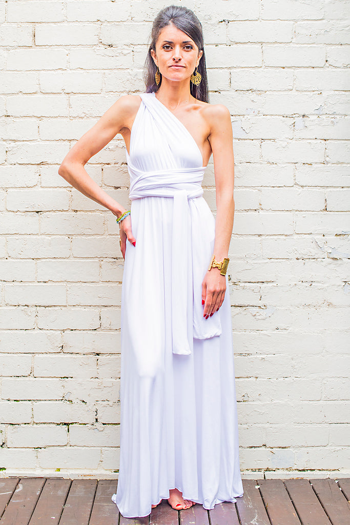 long flowing Olympia maxi dress white with halter ties front