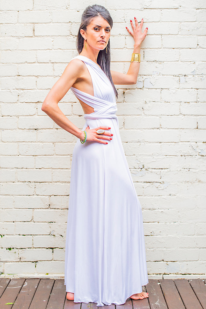 long flowing Olympia maxi dress white with halter ties side