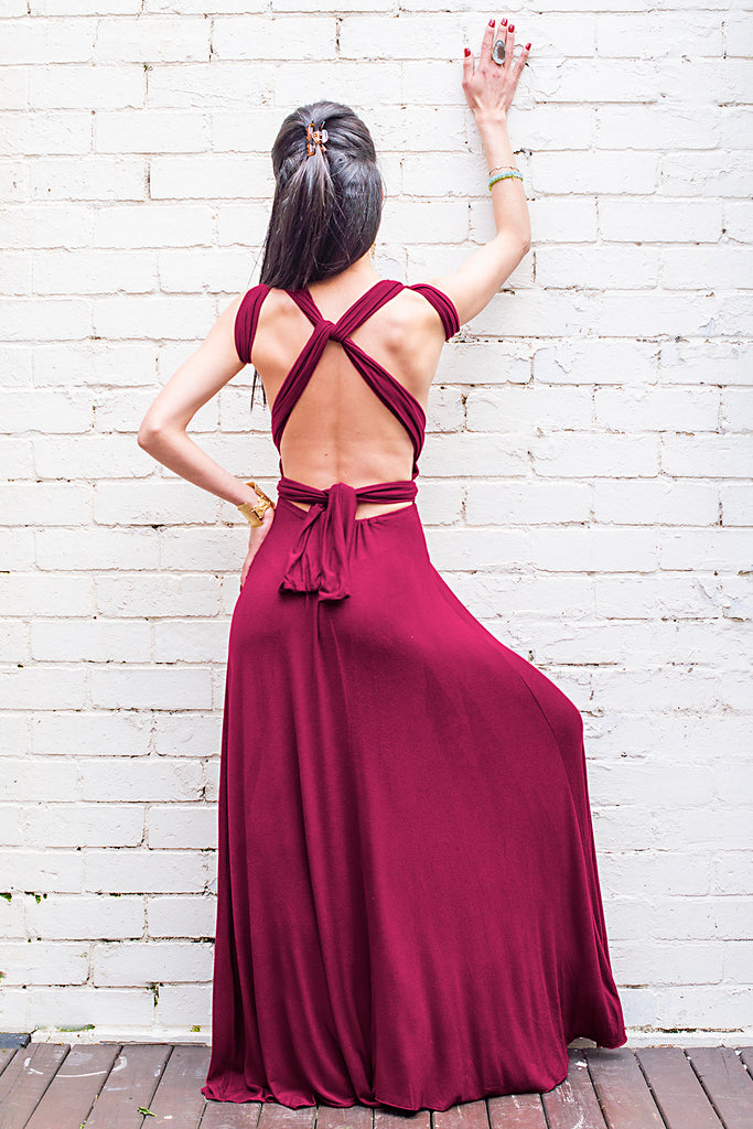 long flowing Olympia maxi dress wine red with halter ties back