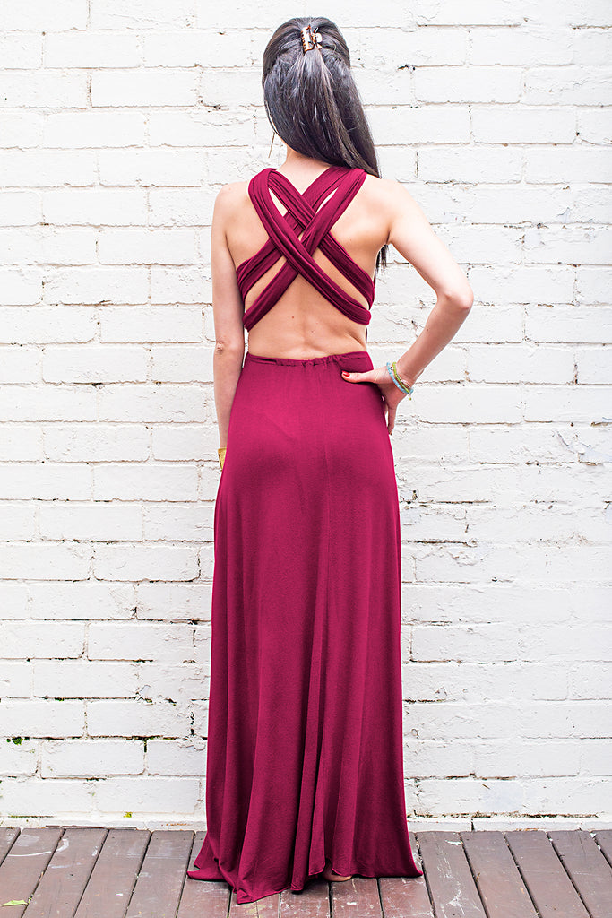 long flowing Olympia maxi dress wine red with halter ties back