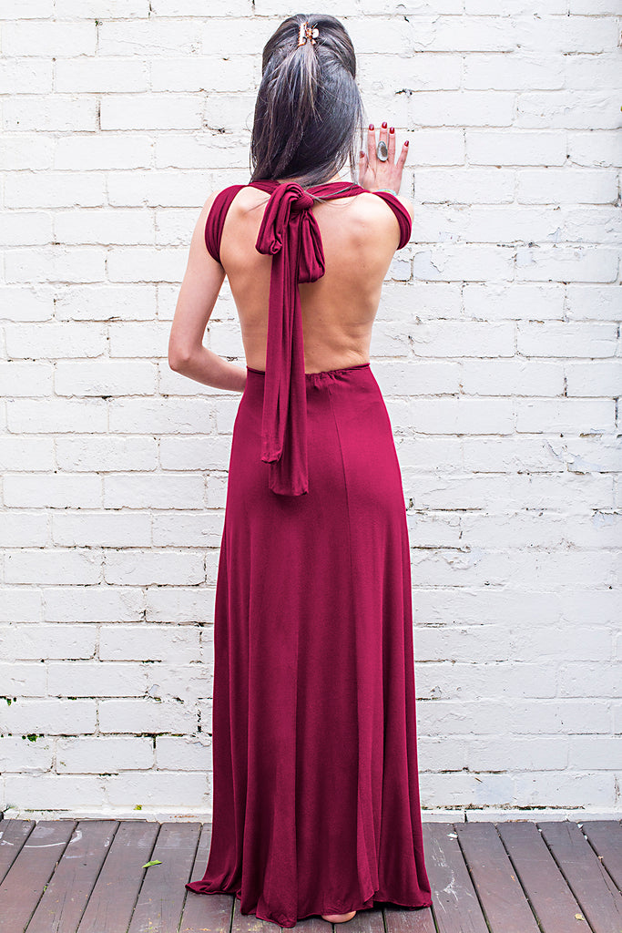 long flowing Olympia maxi dress wine red with halter ties back