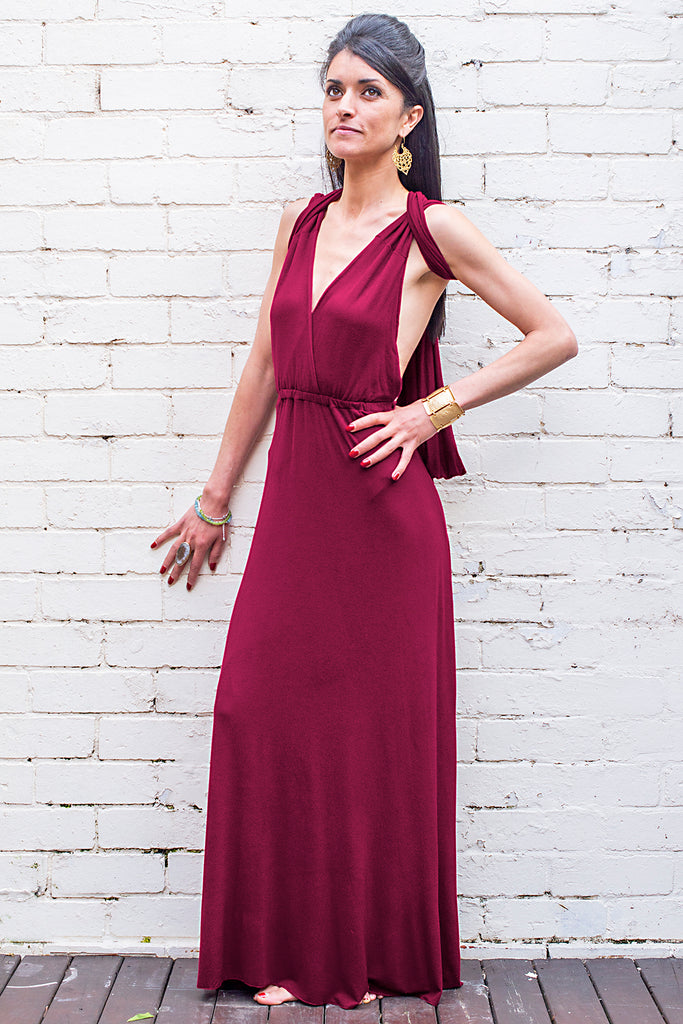long dress Olympia in wine red with halter ties front