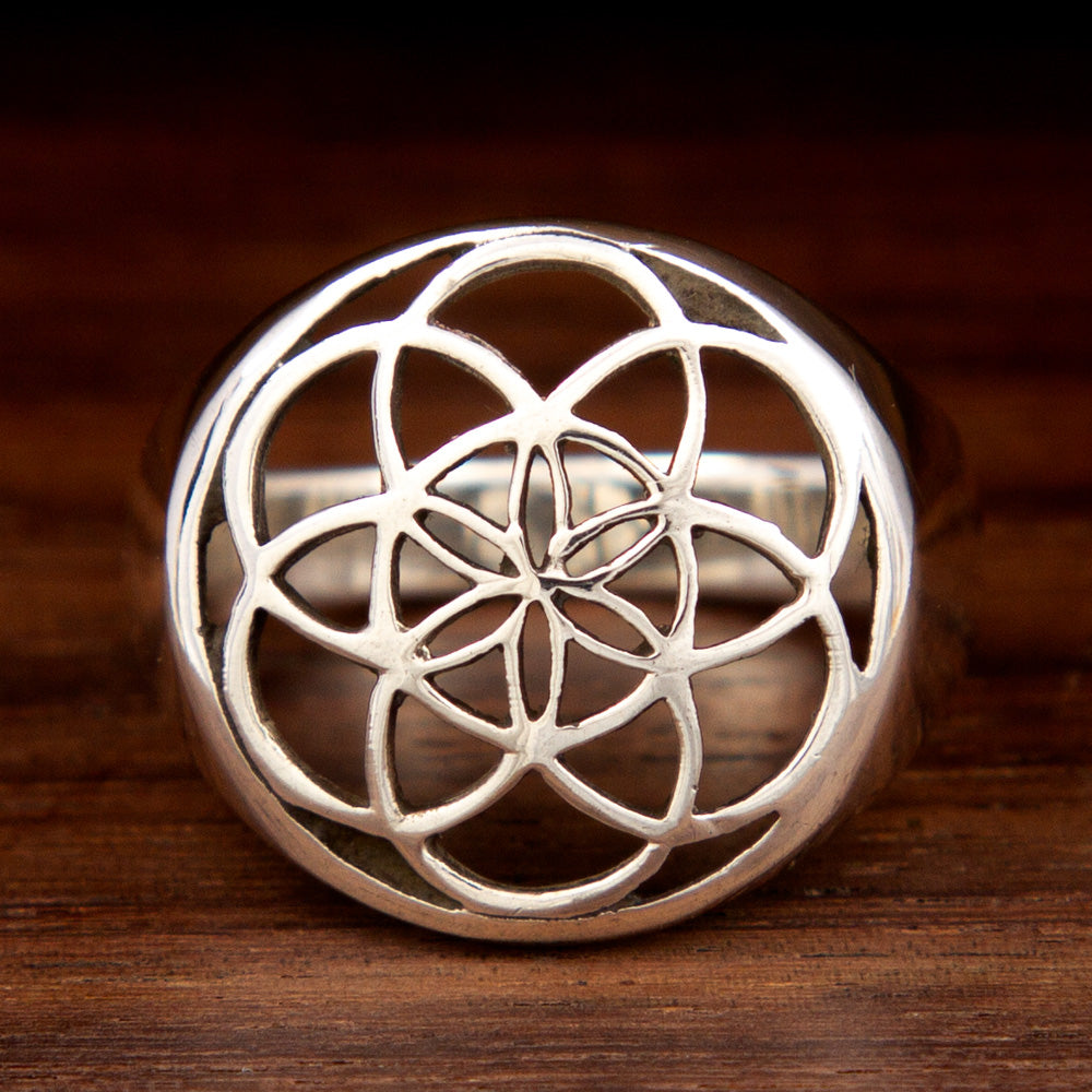 Sterling silver ring featuring a Flower of life design