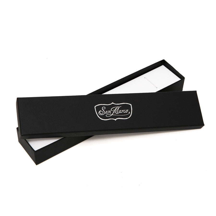 long black rectangular san marco jewellery gift box with white san marco logo printed on lid