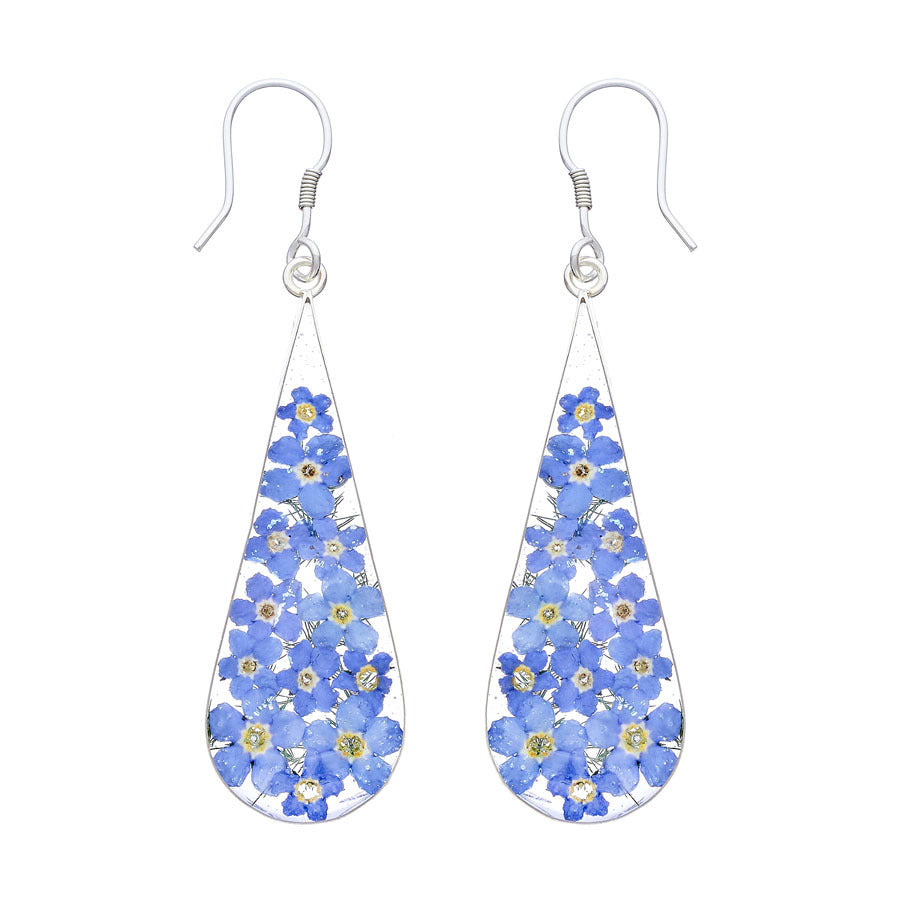 san marco large teardrop shaped silver and resin earrings with dried blue flowers encased in the resin