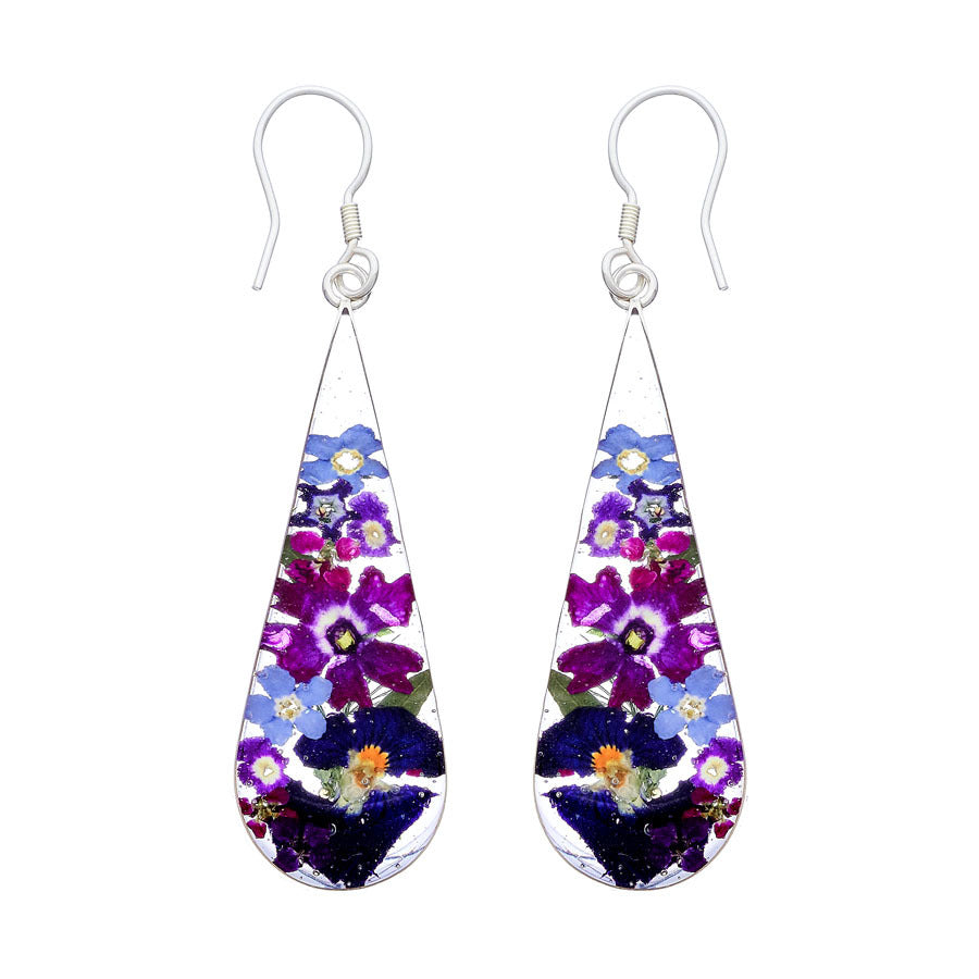 san marco large teardrop shaped silver and resin earrings with dried purple and complementary coloured flowers encased in the resin