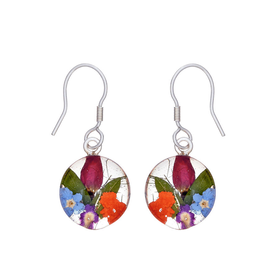 san marco small round silver and resin earrings with various coloured dried flowers encased in the resin