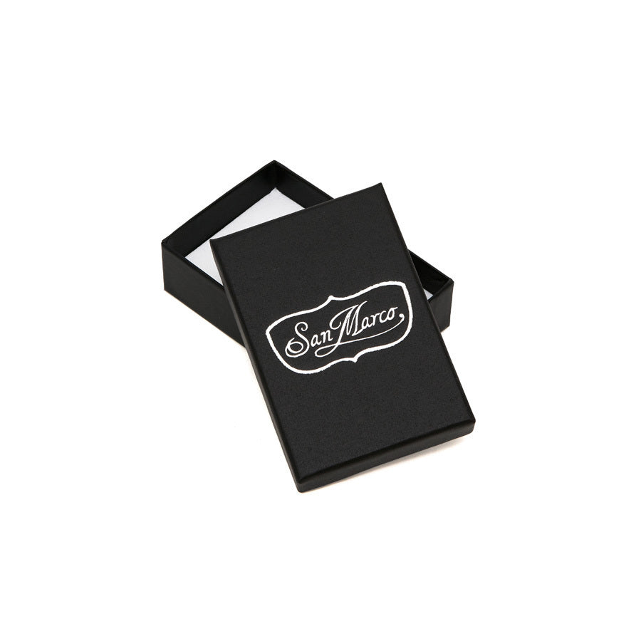 black rectangular san marco jewellery gift box with white san marco logo printed on lid