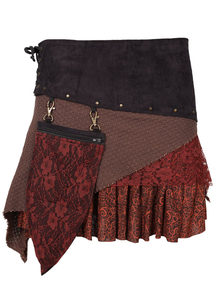 Archer Skirt suede and lace layered skirt with detachable pocket Maroon front