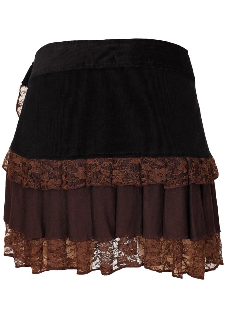 Brown short layered multi-textured frilly lacy mini skirt studs back