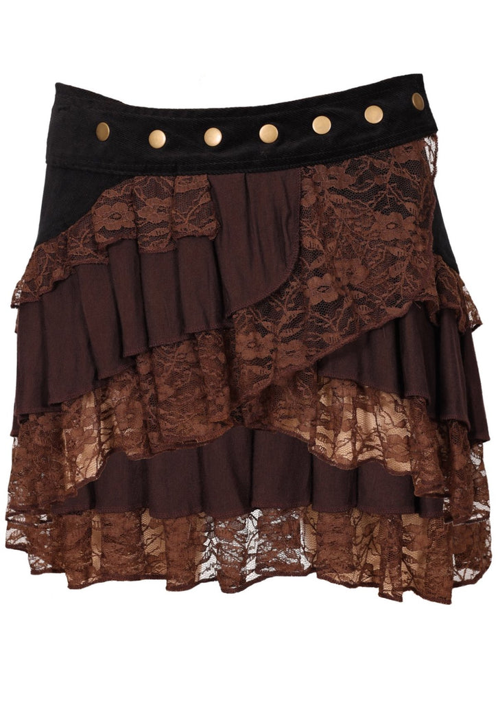 Brown short layered multi-textured frilly lacy mini skirt studs front