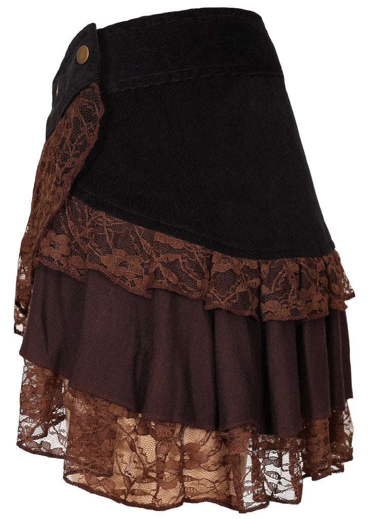 Brown short layered multi-textured frilly lacy mini skirt studs side