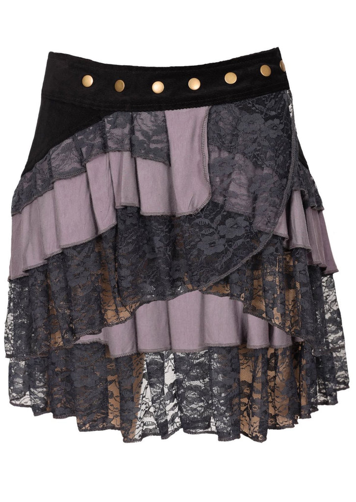 grey black layered short multi-texture lacy edge studded waist skirt front