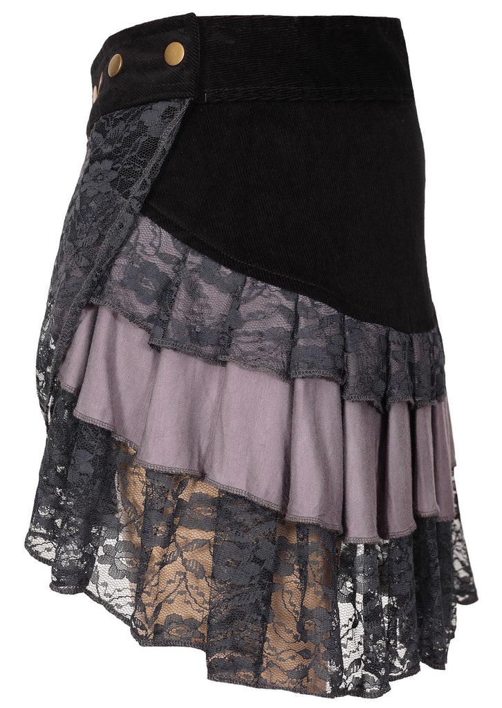 grey black layered short multi-texture lacy edge studded waist skirt side