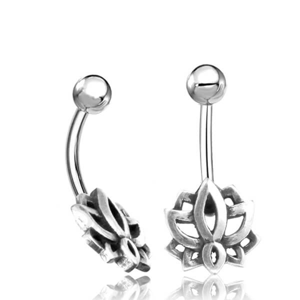 A sterling silver navel jewel featuring a lotus flower design