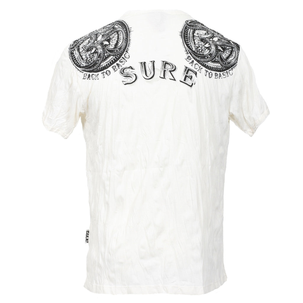 sure white crinkle finish t-shirt with trippy 3d om symbol pencil drawn graphic print on each shoulder back