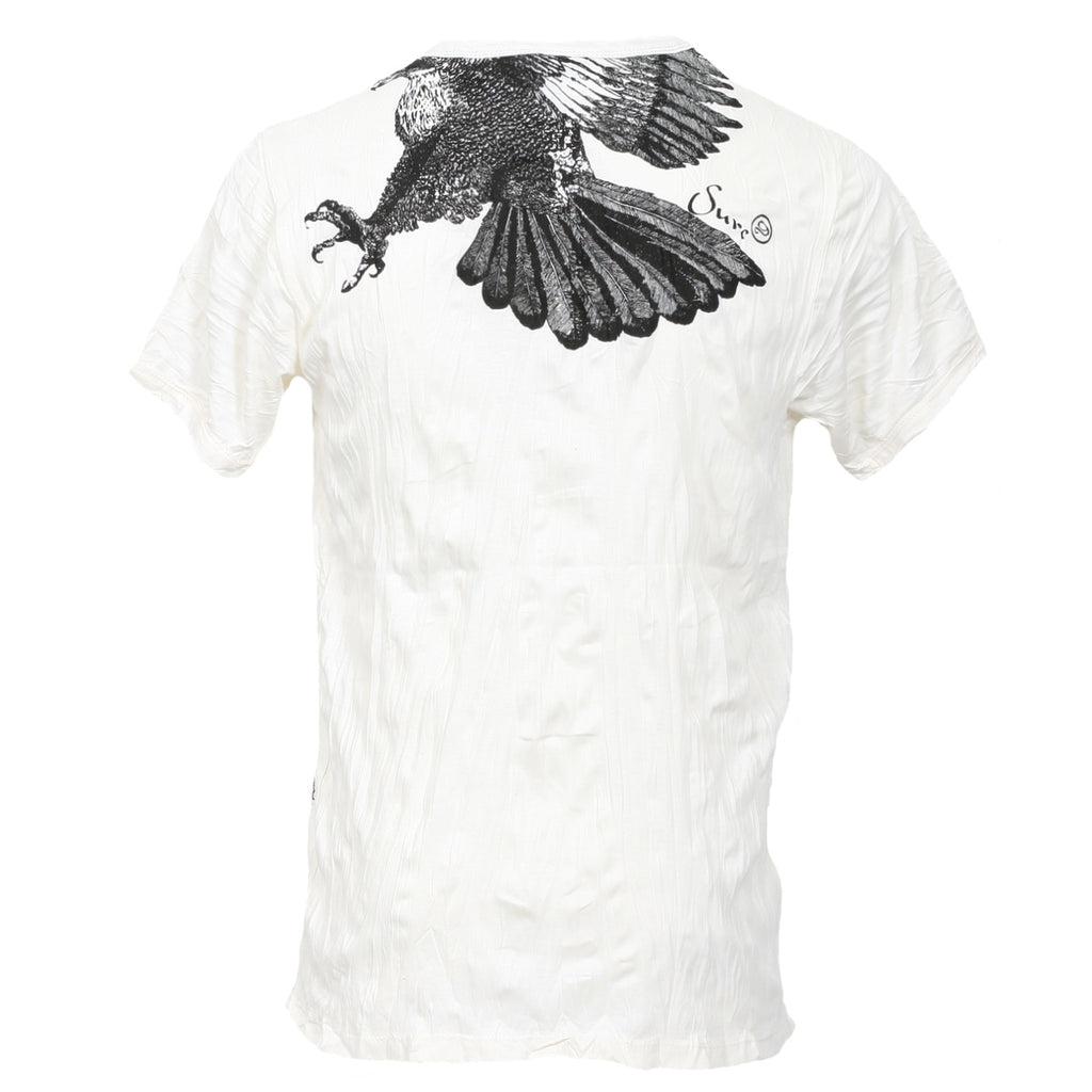 sure white crinkle finish t-shirt with swooping eagle pencil drawn graphic print between shoulders at back