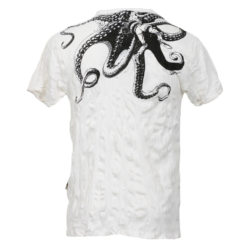 sure white crinkle finish t-shirt with giant octopus pencil drawn graphic print between shoulders at back