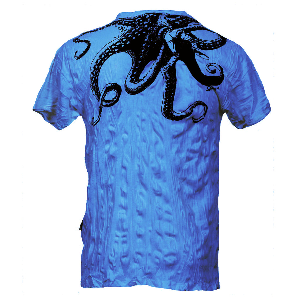 sure blue crinkle finish t-shirt with giant octopus pencil drawn graphic print between shoulders at back