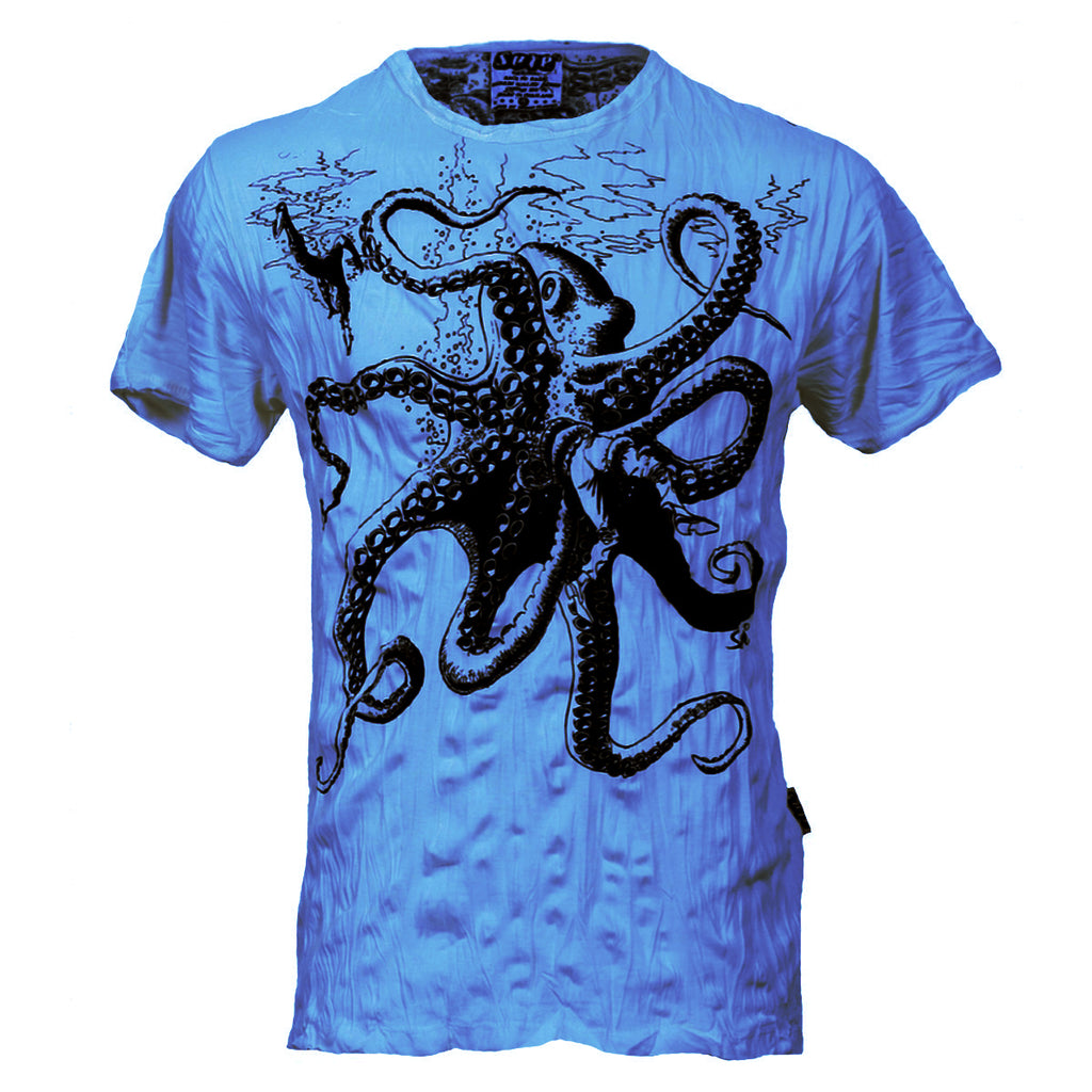 sure blue crinkle finish t-shirt with giant octopus pencil drawn graphic print on front